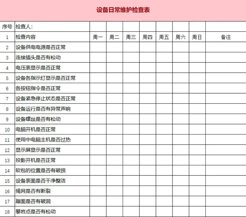 室内乐园游乐设备日常维护检查表